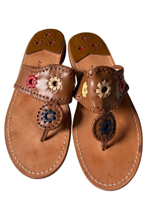 Women Jack Rogers Thong Sandals 9 Brown Leather Colorful Whipstich Palm Beach Luxury